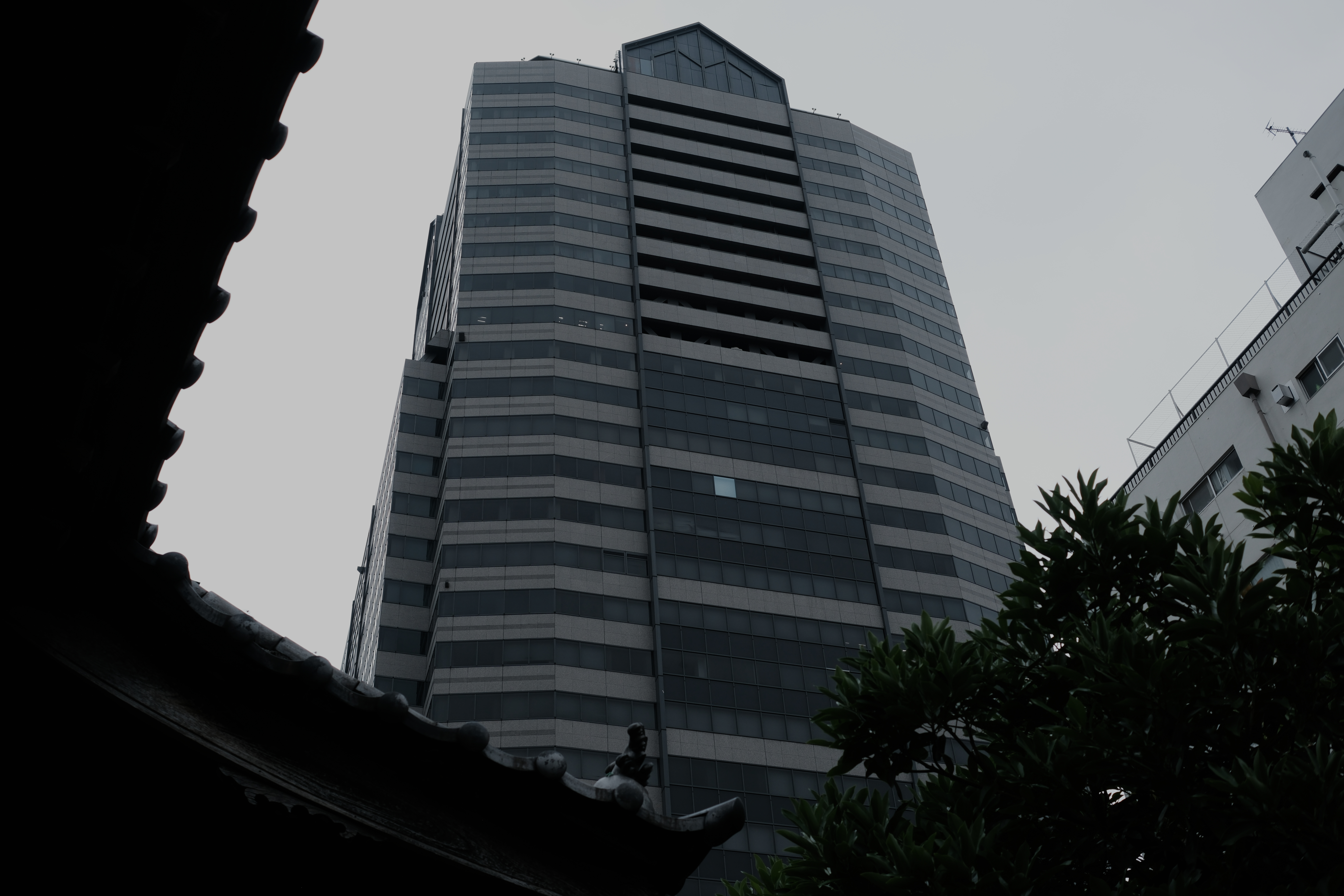 Silhouette of a temple gate against a tower, closing image