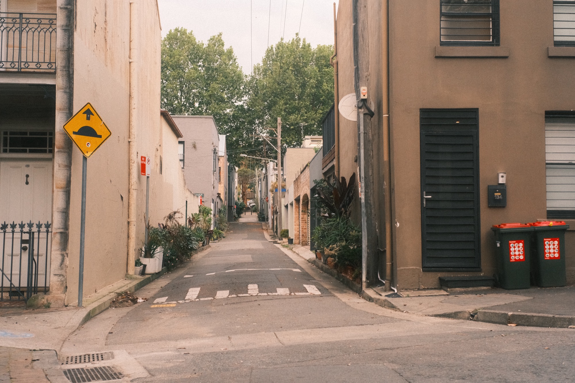 A narrow lane with a speed-hump sign on a pole; a dark slatted door set in a brown wall, and two bins with their lids shut at the corner.